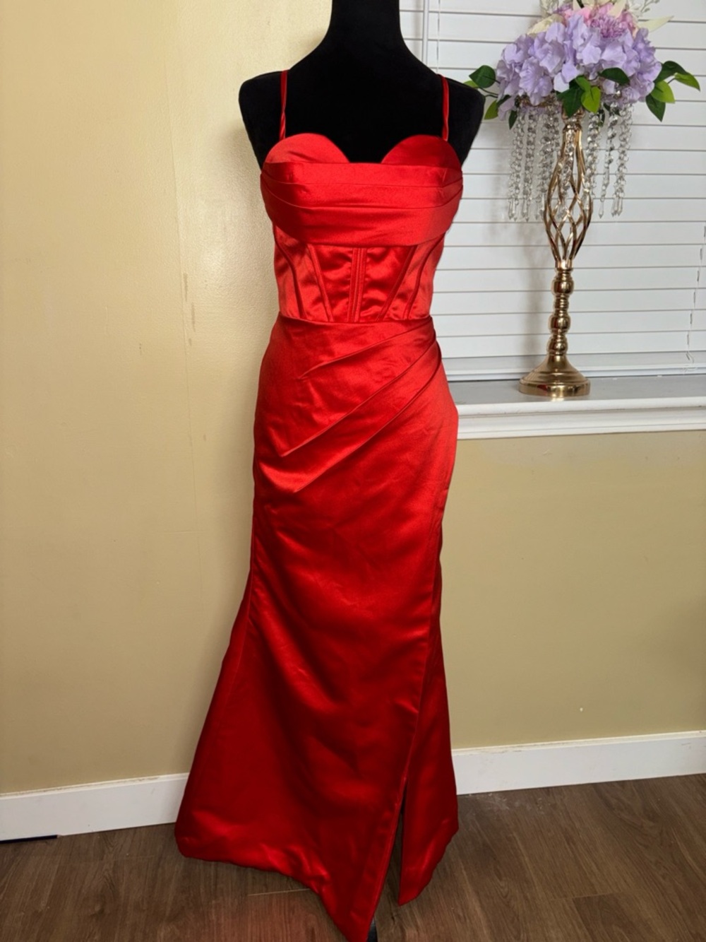 Red Satin Corset prom Gown With Open Back